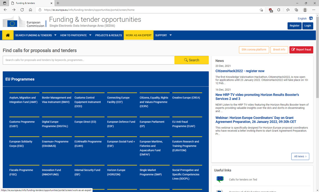 Screenshot der Seite Find calls for proposals and tenders des Funding and Tenders Portals der Europäischen Kommission mit angewähltem Menüpunkt Work as an Expert.
